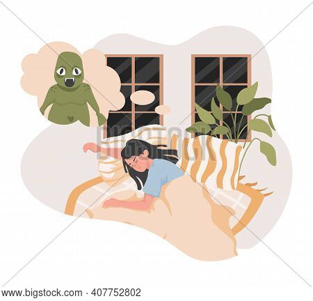 Tired Young Woman Lying In Bed At Night And Having Bad Dream With Big Creepy Green Stranger Or Monst