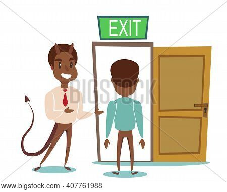 Evil Devil Businessman Invite Men To Opened Door. Vector Flat Design Illustration.