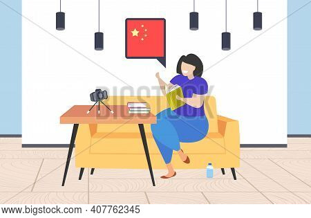 Woman Blogger Holding Dictionary Vocabulary Chat Bubble With China Flag Teacher Recording Video With