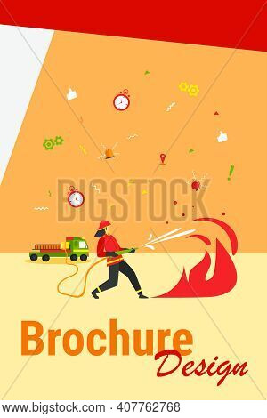 Brave Firefighters Wearing Uniform And Helmets Firefighting Isolated Flat Vector Illustration. Carto