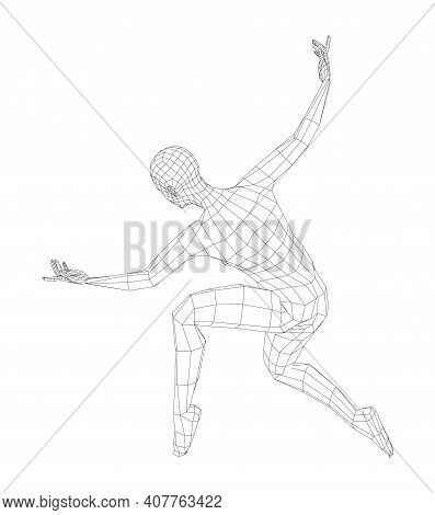 Wireframe Ballerina Or Dancer In Dance Pose. Vector 3d Rendering