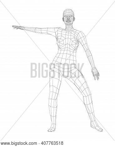 Wireframe Ballerina Or Dancer In Dance Pose. Vector 3d Rendering