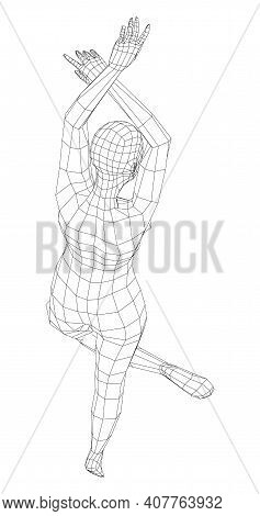 Wireframe Ballerina Or Dancer In Dance Pose. Vector 3d Rendering