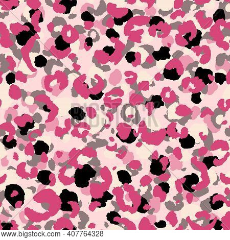 Abstract Modern Leopard Seamless Pattern. Animals Trendy Background. Pink And Black Decorative Vecto