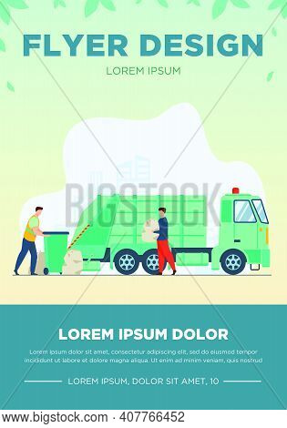 Trash Pickup Worker Cleaning Dustbin At Truck. Man Carrying Trash In Plastic Bag Flat Vector Illustr