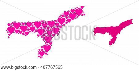 Love Mosaic And Solid Map Of Assam State. Mosaic Map Of Assam State Is Composed With Pink Lovely Hea