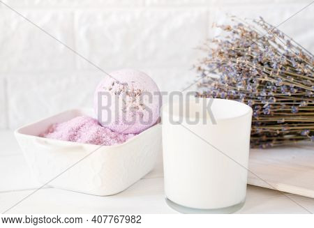 Lavender As Calming And Soothing Ingredient For Bath Soak, Bubble Bath Bomb And Scented Candle. Rela