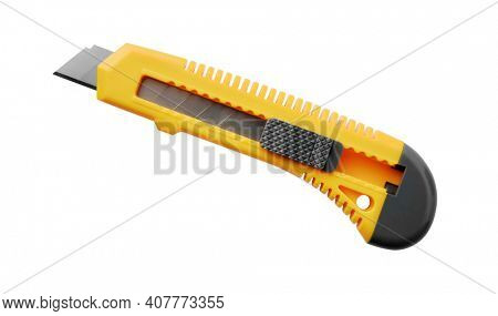 Side view of yellow utility knife isolated on white