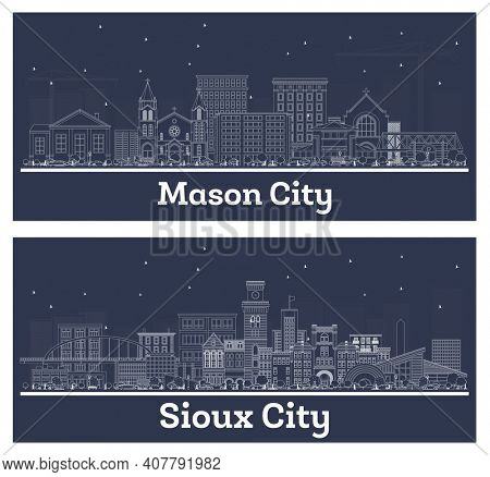 Outline Sioux City and Mason City Iowa Skyline Set with White Buildings.