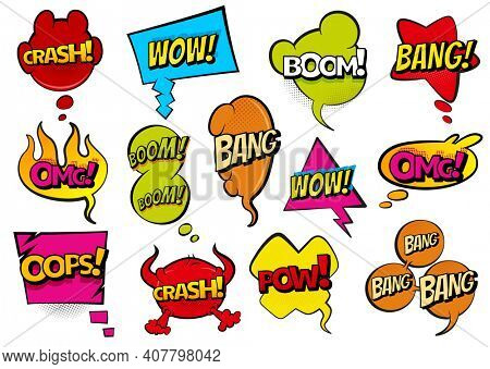 Comic colored hand drawn speech bubbles. Set retro cartoon stickers. Funny design  items illustration. Comic text WOW, boom, bang collection sound effects in pop art style