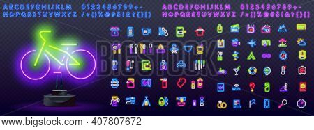 Cyclist Color Neon Set. Healthy Lifestyle Neon Icons. Healthy Food, Kitchen Icons, Walking, Travel, 