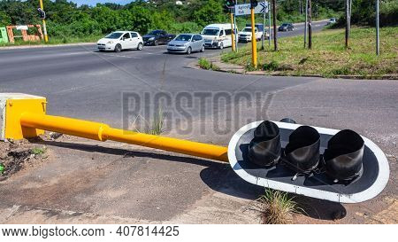 Traffic Lights Poles Accident Floored Road