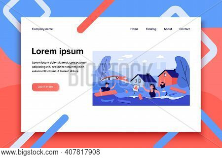 Scared People In Flooded Suburb Street. Houses, Cars, Rubbish Floating On Water. Vector Illustration