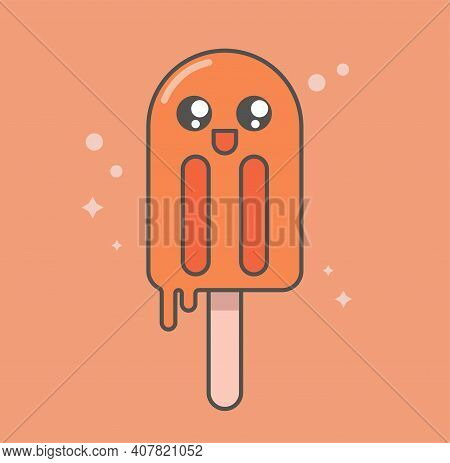 Kawaii Icon With Ice Cream. Logo Of Healthy Ice Cream Without Sugar From Natural Products, The Conce