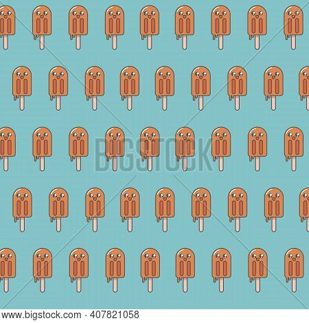 Kawaii Pattern With Orange Ice Cream. Logo Of Healthy Ice Cream Without Sugar From Natural Products,