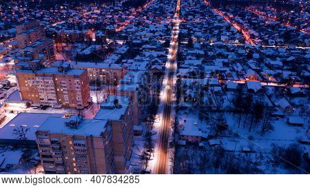 Evening Traffic Jams In The City. Aerial View.