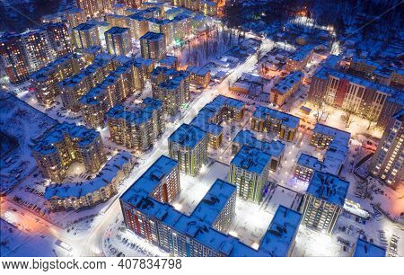 Evening Traffic Jams In The City. Aerial View.