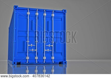 A High Quality Image Of A Blue 20ft Shipping Container On A White Background. Twenty Foot Sea Shippi
