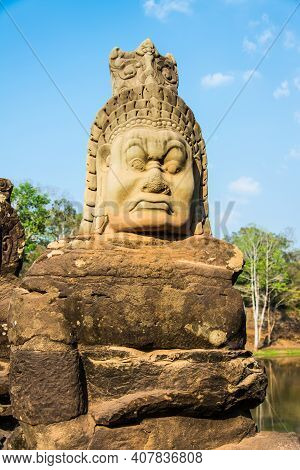 The Sculpture  Of The Demon At  The Entrance To Angkor  Thom  Castle Which  Is An Ancient  Khmer  Ar