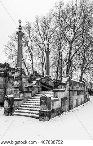 Historical Staircase Of Legion Bridge On Strelecky Island In Prague, Czech Republic. Winter Photogra