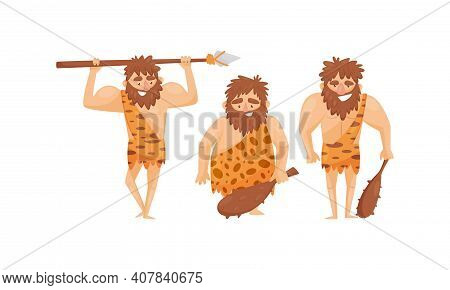 Hairy Bearded Stone Age Man Character Wearing Animal Skin Holding Stick And Spear Vector Illustratio