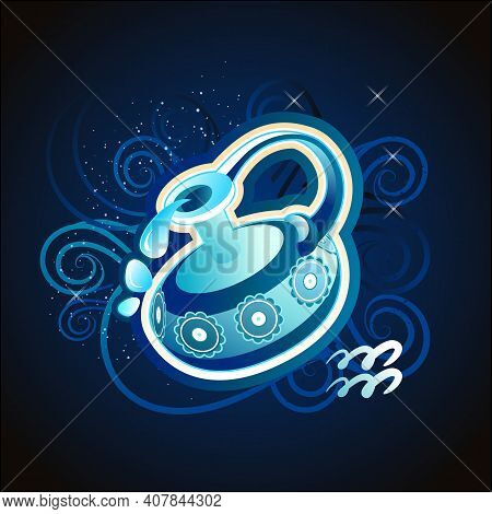 Aquarius Zodiac Astrological Sign In Round Shape Isolated On White Background, In The Gothic Style, 