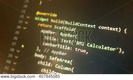 Screen Of Flutter Application Developing Code. Lines Of Code On Computer Screen Abstract