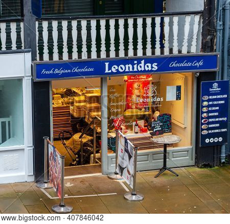 Chester; Uk: Jan 29, 2021: The Leonidas Chocolate Cafe On Bridge Street Is A Specialist Belgian Choc