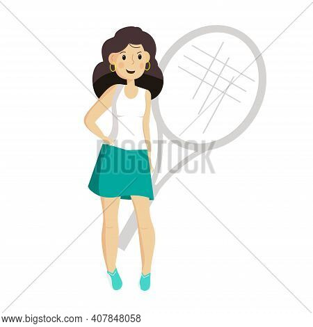 Pretty Young Tennis Player Stands With Her Hips Propped Up. Female Character Sportswoman, On The Bac
