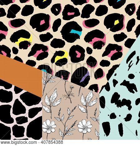 Trendy Animal Skin Mixed With Geometric Pattern , Polka Dots And Stripe In Modern Patchwork Collage 