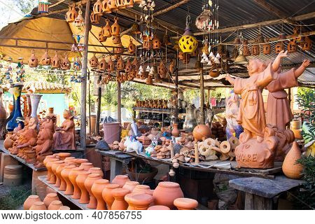 Raquira, Colombia - February 2021. Traditional Ceramics Factory In The City Of Raquira. City Of Pots