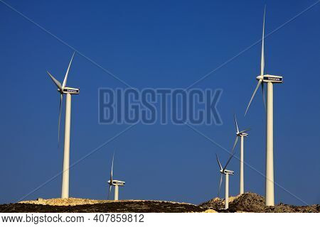 Naxos / Greece - August 25, 2014: Wind Farm Or Electrical Generators Near Koronos, Naxos, Cyclades I