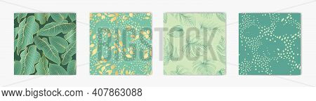 Floral Leaves Seamless Pattern Set. Foliage Garden Background. Floral Ornamenal Tropical Nature Summ