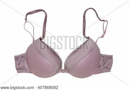 Bra Isolated. Closeup Of Beautiful Female Stylish Pink Bra With Straps And Dots Pattern Isolated On 
