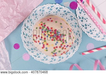 Top View Of Food Called 'berliner Pfannkuchen', A Traditional German Dessert Similar To Doughnut Wit