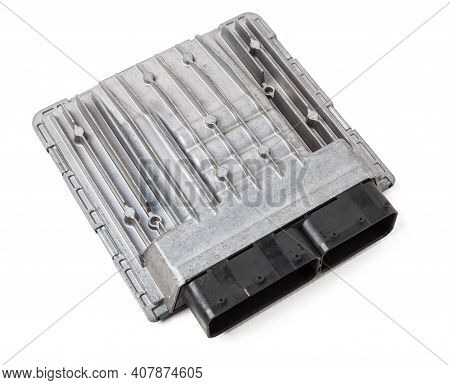 Plastic Car Engine Control Unit With Metal Elements On A White Isolated Background Is The Connecting