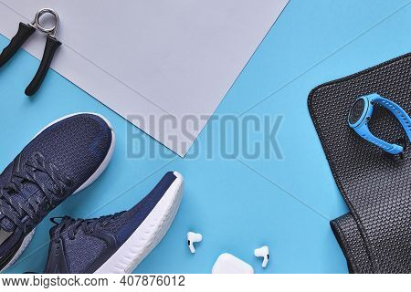 Concept Healthy Lifestyle Outfit, Sport And Diet. Top View, Text Space. Flat Lay Composition. Sports