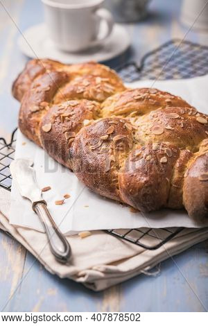 Tsoureki Braid, Greek Easter Sweet Bread, On Wood