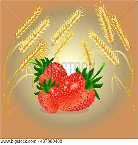 Red Strawberry With Green Tails Among Wheat Ears