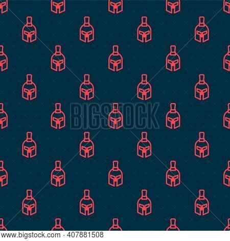 Red Line Greek Helmet Icon Isolated Seamless Pattern On Black Background. Antiques Helmet For Head P