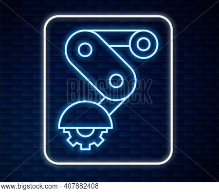 Glowing Neon Line Derailleur Bicycle Rear Speed Folding Icon Isolated On Brick Wall Background. Vect