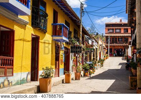 Raquira, Colombia - February 2021. Beautiful Streets And Houses Of The Small Town Of Raquira. The Ci