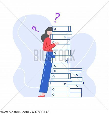 Puzzled And Pensive Woman With Stack Of Folders. Illustration Lady With Question, Problem Confused, 