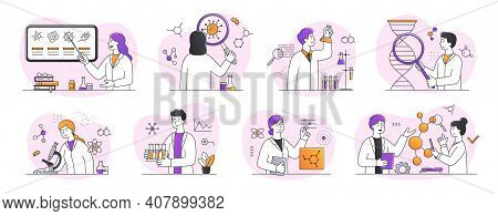 Collection Of Scientific Research In Laboratory Abtsract Concepts. Young Scientists, Chemists, Docto