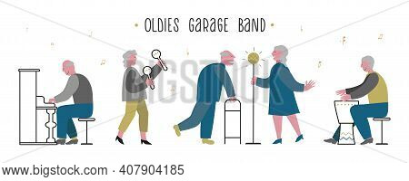 Elderlies, Seniors Sing And Play In A Band. Couple Sings With Enthusiasm. Oldies Mens Piano, Drum Pl