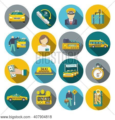 Taxi Driver Transportation Car Service Cab Man Flat Long Shadow Icons Set Isolated Vector Illustrati
