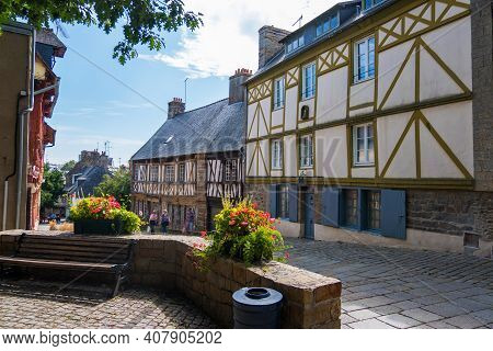 Saint-brieuc, France - August 24, 2019: Cityscape With Traditional Half-timbered Houses Along The St