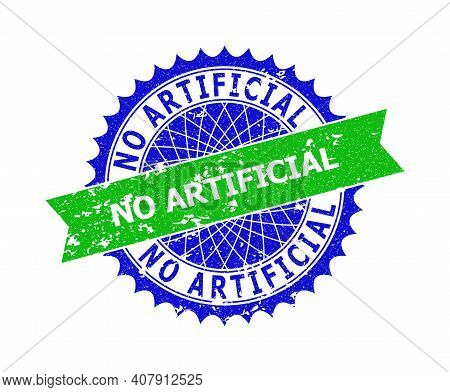 Vector No Artificial Bicolor Stamp Seal With Grunged Style. Blue And Green Colors. Flat Stamp With N