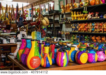Raquira, Colombia - February 2021. Handicraft Shop At The Beautiful Small Town Of Raquira. The City 