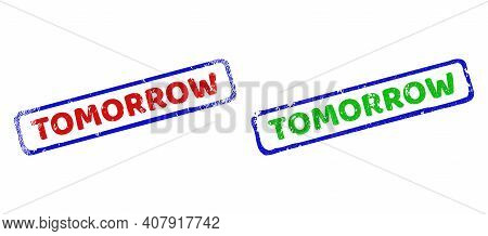 Vector Tomorrow Framed Rubber Imitations With Scratched Texture. Rough Bicolor Rectangle Seal Stamps